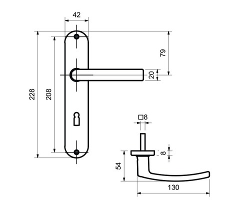 Schéma technique d''une poignée de porte avec dimensions