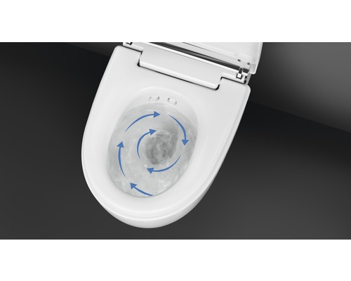 Weisses wandhängendes Tiefspül-WC mit offenem Spülrand und spülendem Wasser