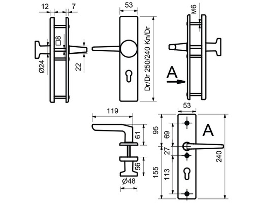 Schéma technique d''une poignée de porte avec indications de dimensions