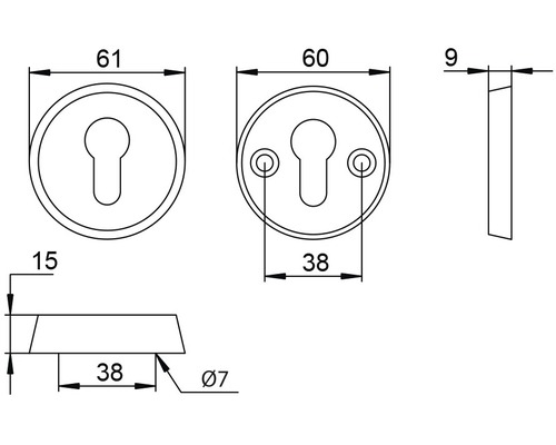 Technische Zeichnung eines Türschlosses mit Maßangaben.