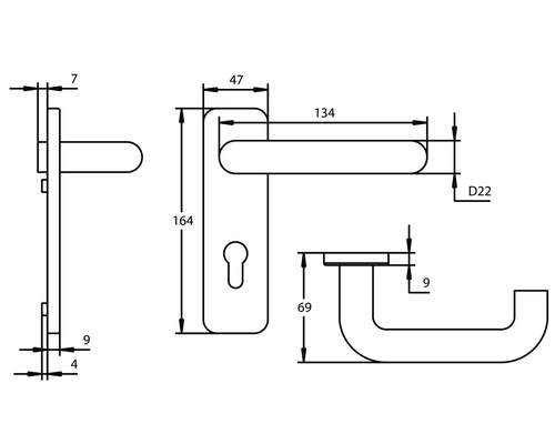 Technische Zeichnung eines Türgriffs mit Maßangaben