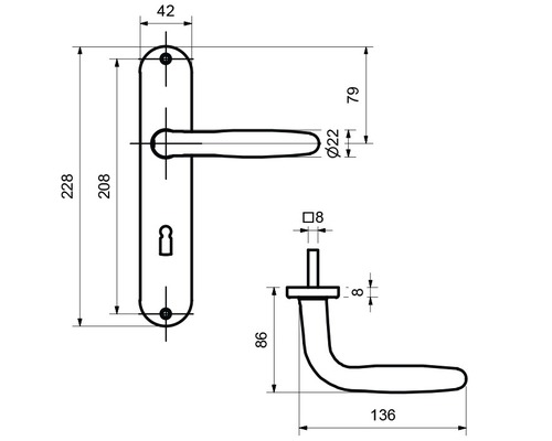 Schéma technique d''une poignée de porte avec dimensions