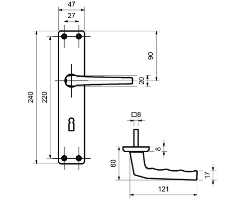Schéma technique d''une garniture de poignée de porte avec dimensions