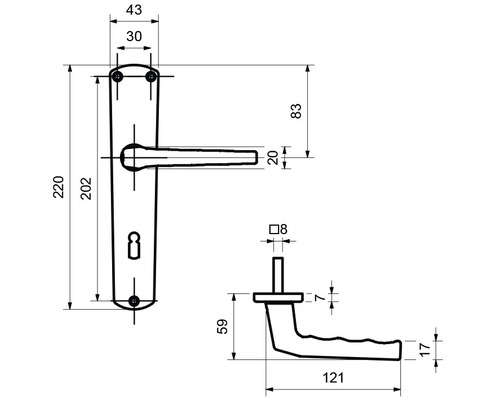 Technische Zeichnung eines Türdrückers mit Maßangaben