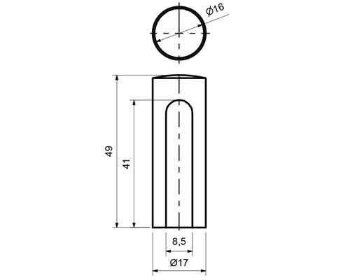 Technische Zeichnung eines Bolzens mit den Maßen 49 Millimeter Höhe, 17 Millimeter Durchmesser unten und 16 Millimeter Durchmesser oben