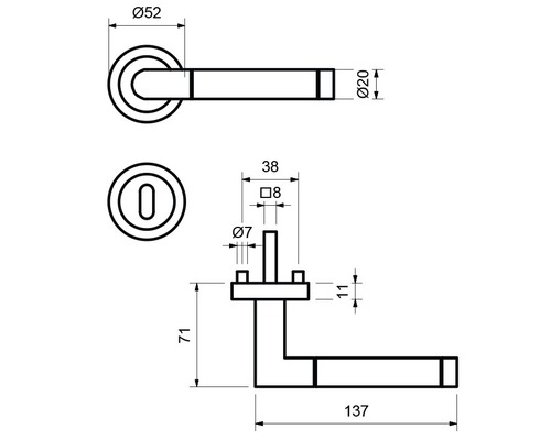 Schéma technique d''une poignée de porte avec dimensions