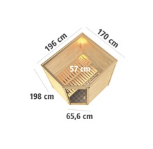 Massivholzsauna Karibu Mia inkl. 9 kW Bio Ofen u.ext.Steuerung ohne Dachkranz mit Holztüre und Isolierglas wärmegedämmt