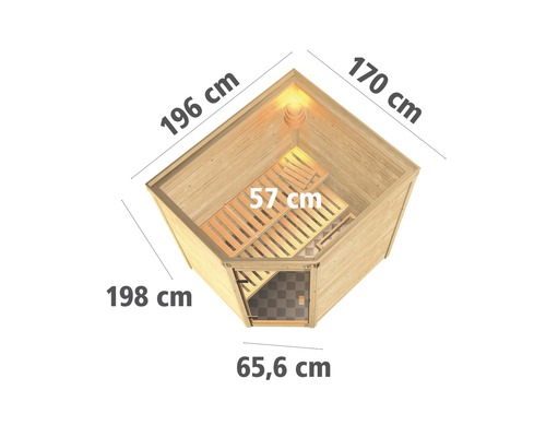Draufsicht einer Holzsauna mit den Massangaben 196 cm, 170 cm, 198 cm, 57 cm und 65,6 cm.