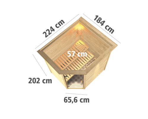 Draufsicht Ecksauna mit den Maßen 224 cm, 184 cm, 202 cm, 65,6 cm, 57 cm