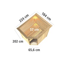 Massivholzsauna Karibu Mia inkl. 9 kW Bio Ofen u.ext.Steuerung mit Dachkranz und bronzierter Ganzglastüre