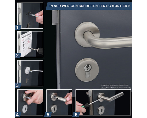 Montageanleitung für eine Türgarnitur in sechs Schritten.