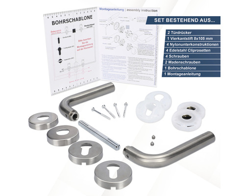 Türdrücker-Set mit zwei Türdrückern, Vierkantstift, Nylonunterkonstruktionen, Edelstahl-Cliprosetten, Schrauben, Madenschrauben, Bohrschablone und Montageanleitung
