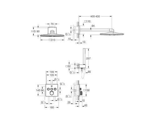 Technische Zeichnung einer Duscharmatur mit Maßangaben.