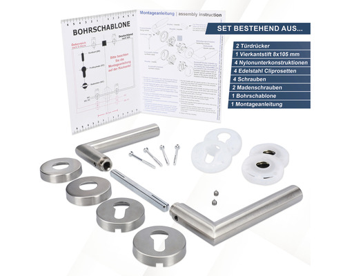 Edelstahl Türdrücker Set mit Montageanleitung und Bohrschablone