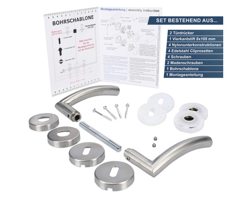 Türdrücker Set bestehend aus zwei Türdrückern, einem Vierkantstift, vier Nylonunterkonstruktionen, vier Edelstahl Cliprosetten, vier Schrauben, zwei Madenschrauben, einer Bohrschablone und einer Montageanleitung.