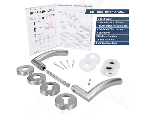 Türdrücker Set mit zwei Türgriffen, Vierkantstift, Nylon Unterkonstruktionen, Edelstahl Cliprosetten, Schrauben, Madenschrauben, Bohrschablone und Montageanleitung