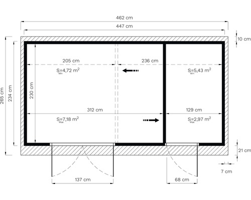 Grundrisszeichnung eines Raumes mit Maßangaben