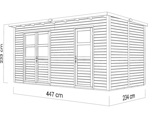 Gartenhaus mit Doppeltür und Einzeltür, Maße 447 cm x 234 cm x 233 cm
