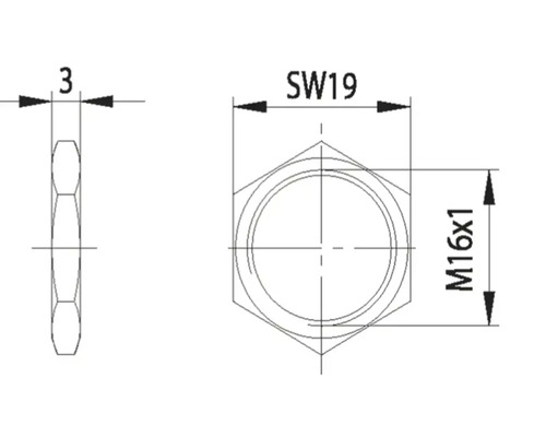Technische Zeichnung einer Mutter mit den Maßen M16x1 und SW19