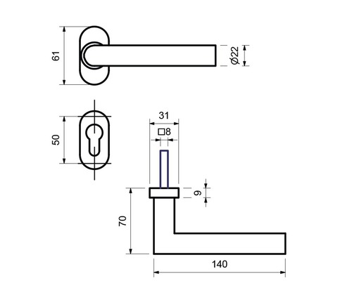 Technische Zeichnung einer Türklinke mit Maßangaben