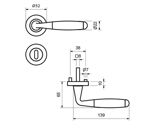 Schéma technique d''une poignée de porte avec dimensions