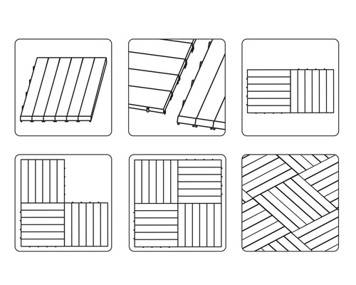 Présentation de différents motifs de pose pour les lames de terrasse