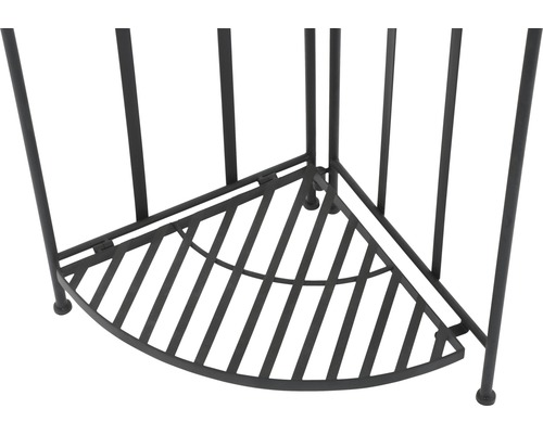 Detailaufnahme eines Eckregals aus Metall mit Gitterablage