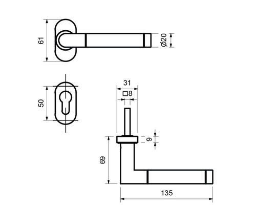 Technische Zeichnung eines Türdrückers mit Maßen