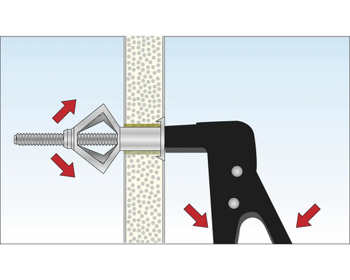 Illustration du montage d''une cheville pour corps creux avec un outil de pose
