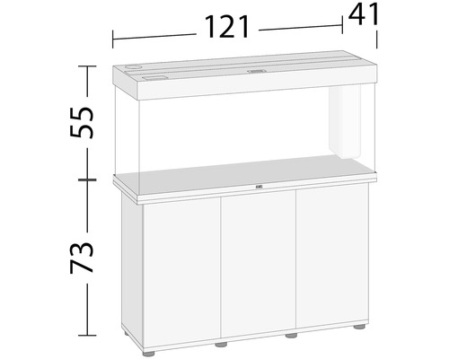 Aquarium mit Unterschrank und Größenangaben: 121 cm Länge, 41 cm Breite, 55 cm Höhe Aquarium, 73 cm Höhe Unterschrank