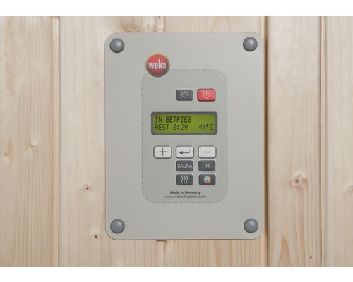 Logo Weka. Élément de commande pour sauna avec écran et boutons de commande sur panneau en bois