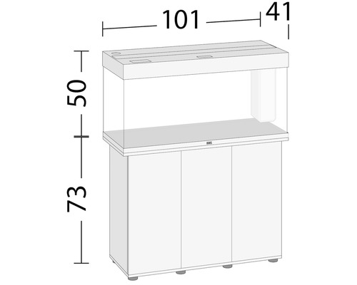 Abbildung eines Aquariums mit Unterschrank und Maßangaben
