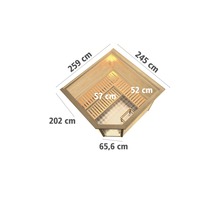 Massivholzsauna Karibu Leona inkl.9 kW Ofen u.ext.Steuerung mit Dachkranz und graphitfarbeneer Ganzglastüre