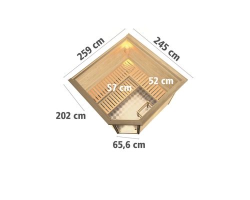 Vue de dessus du sauna avec les dimensions 259, 245, 202 et 65,6 centimètres