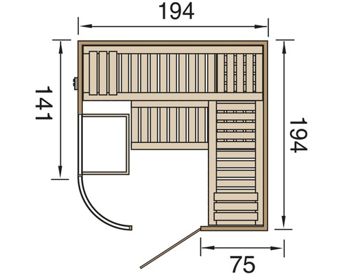 Plan d''une sauna avec des dimensions de 194 x 194 x 141 cm et une porte de 75 cm de large.