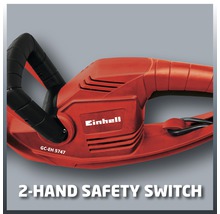Einhell Logo auf einer Heckenschere mit Zweihand-Sicherheitsschalter