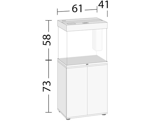 Skizze eines Aquariums mit Unterschrank und Maßangaben
