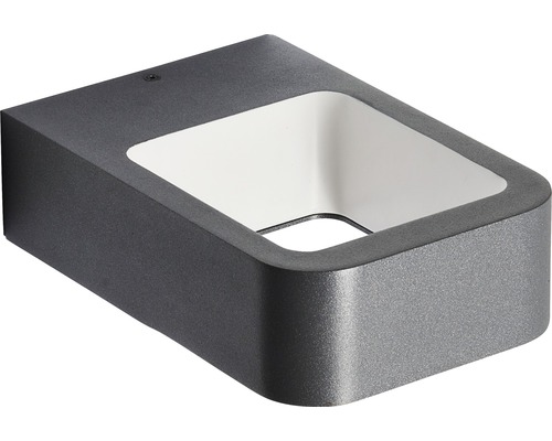 Graue Außenwandleuchte mit rechteckiger Form und nach unten gerichteter Lichtöffnung.