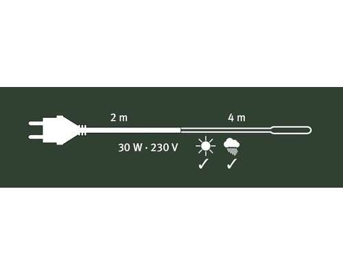 Symbol: 2 Meter Zuleitung, 4 Meter Lichterkette, 30 Watt Leistung, 230 Volt Spannung, geeignet für Innen- und Aussenbereich