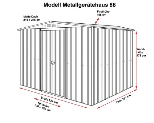 Abbildung eines Metallgerätehauses Modell 88 mit Maßangaben