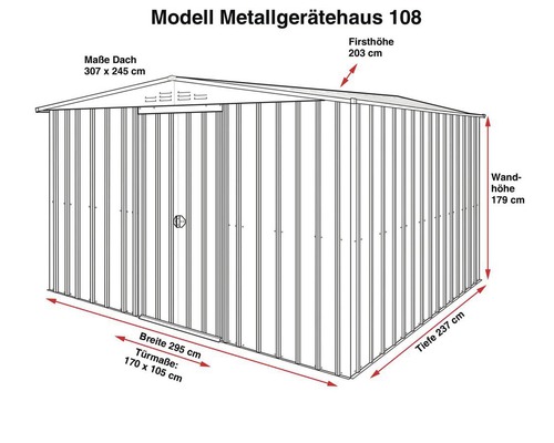 Abbildung eines Metallgerätehauses Modell 108 mit Maßangaben zu Dach, Firsthöhe, Wandhöhe, Breite, Tiefe und Tür