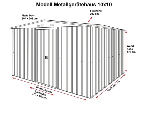 Technische Zeichnung eines Metallgerätehauses mit Maßangaben