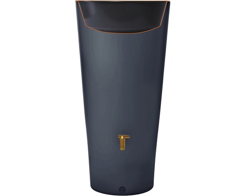 Graue Regentonne mit Messinghahn zur Gartenbewässerung