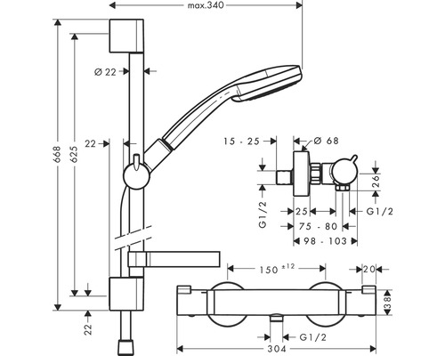 Schéma technique d''un ensemble de douche avec dimensions