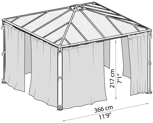 Illustration d''un pavillon d''une hauteur de 217 cm et d''une longueur de 366 cm.