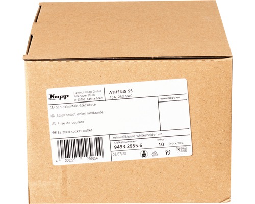 Prise de courant avec contact de protection Kopp Atheneis 55 dans un carton, 16 ampères, 250 volts
