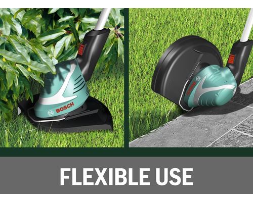 Zwei Darstellungen einer Rasentrimmer-Flexibilität beim Trimmen von Rasenflächen und Kanten. Bosch Logo.