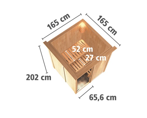 Vue de dessus d''un sauna avec des dimensions de 165 cm de large, 202 cm de haut et 65,6 cm de profondeur.