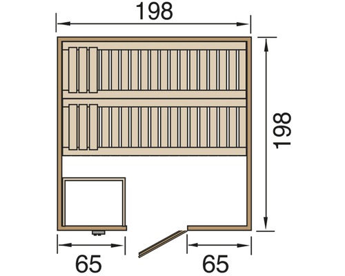 Dessin technique d''un sauna avec les dimensions 198 x 198 x 65 cm