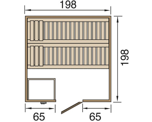 Plan d''une sauna avec les dimensions 198 x 198 x 65 cm